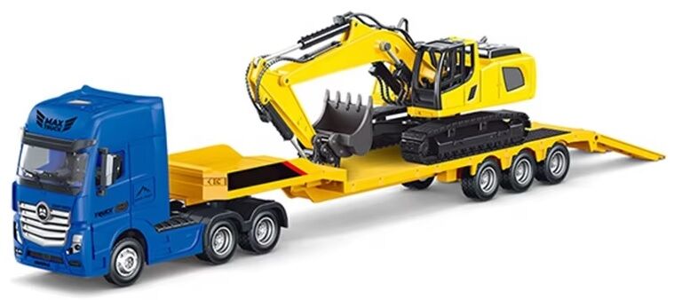 1729 Flatbed Tır +Ekskavatör 1/50 Diecast Metal Set Mavi