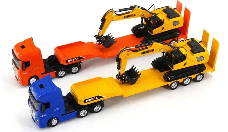 1729 Flatbed Tır +Ekskavatör 1/50 Diecast Metal Set Turuncu