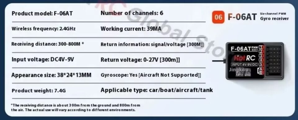 F-06AT 2.4GHz FHSS 6CH Gyrolu Alıcı