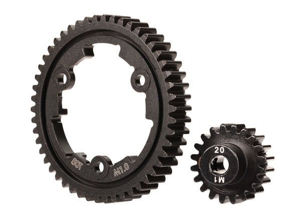 6450  Spur gear, 50-tooth (machined, hardened steel) (wide-face)/ gear, 20-T pinion (1.0 metric pitch) (fits 5mm shaft)/ set screw