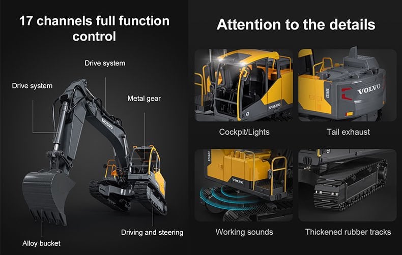 1/16 Volvo RC Metal Dişli ve Metal Kovalı Ekskavatör