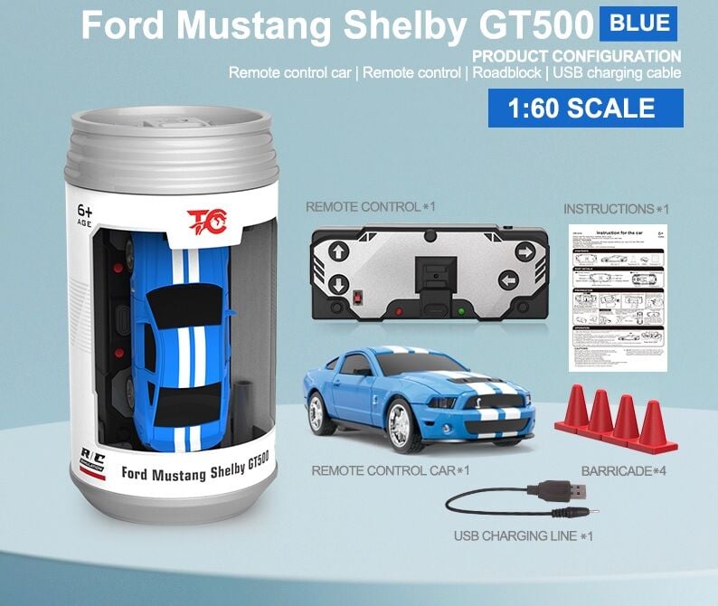 1/60 RC Ford Mustang GT 500 Uzaktan Kumandalı Kutu Kola Araba Mavi